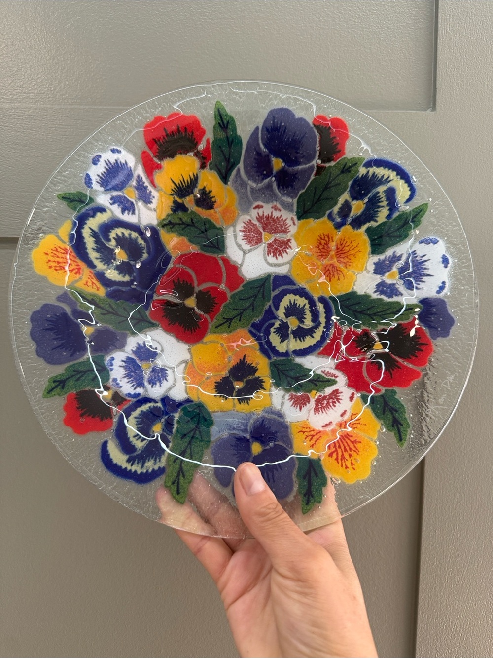 Handmade Floral Pansy Glass Art Plate - Red, Yellow, Blue, Purple, White